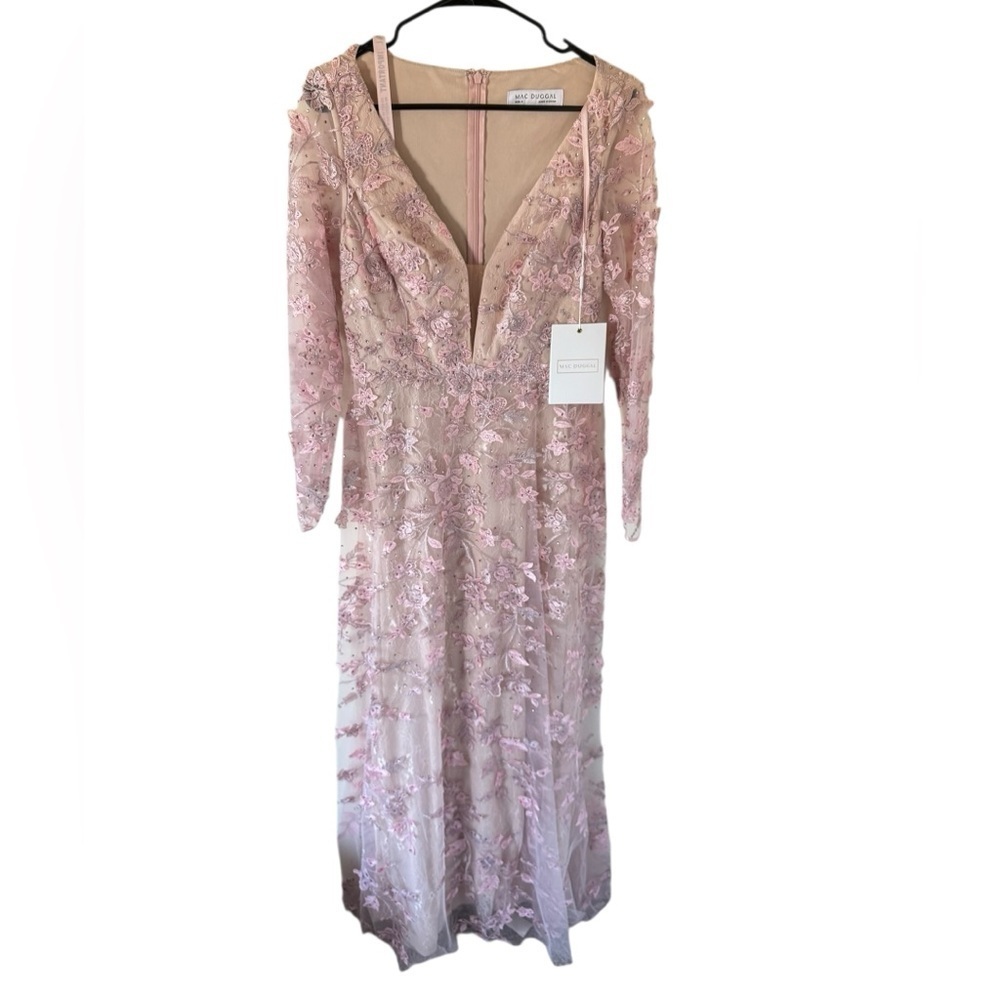 NEW Mac Duggal Pink Floral Applique Long Sleeve Illusion Gown - Picture 7 of 7